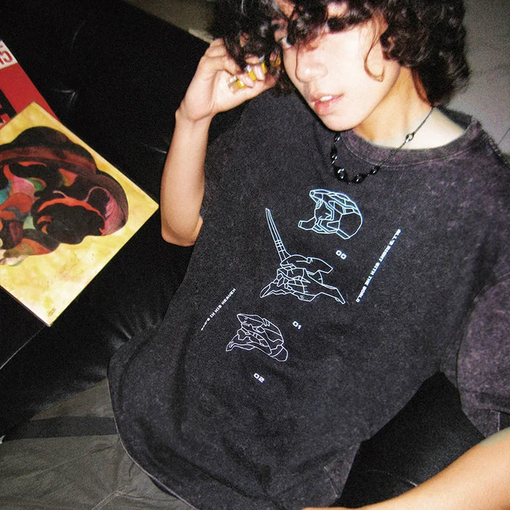 Anime Eva Graphic T-shirt Man Summer Y2k Clothes Casual Short Sleeved Tee Women Vintage Washed Cotton Gym Clothing Top