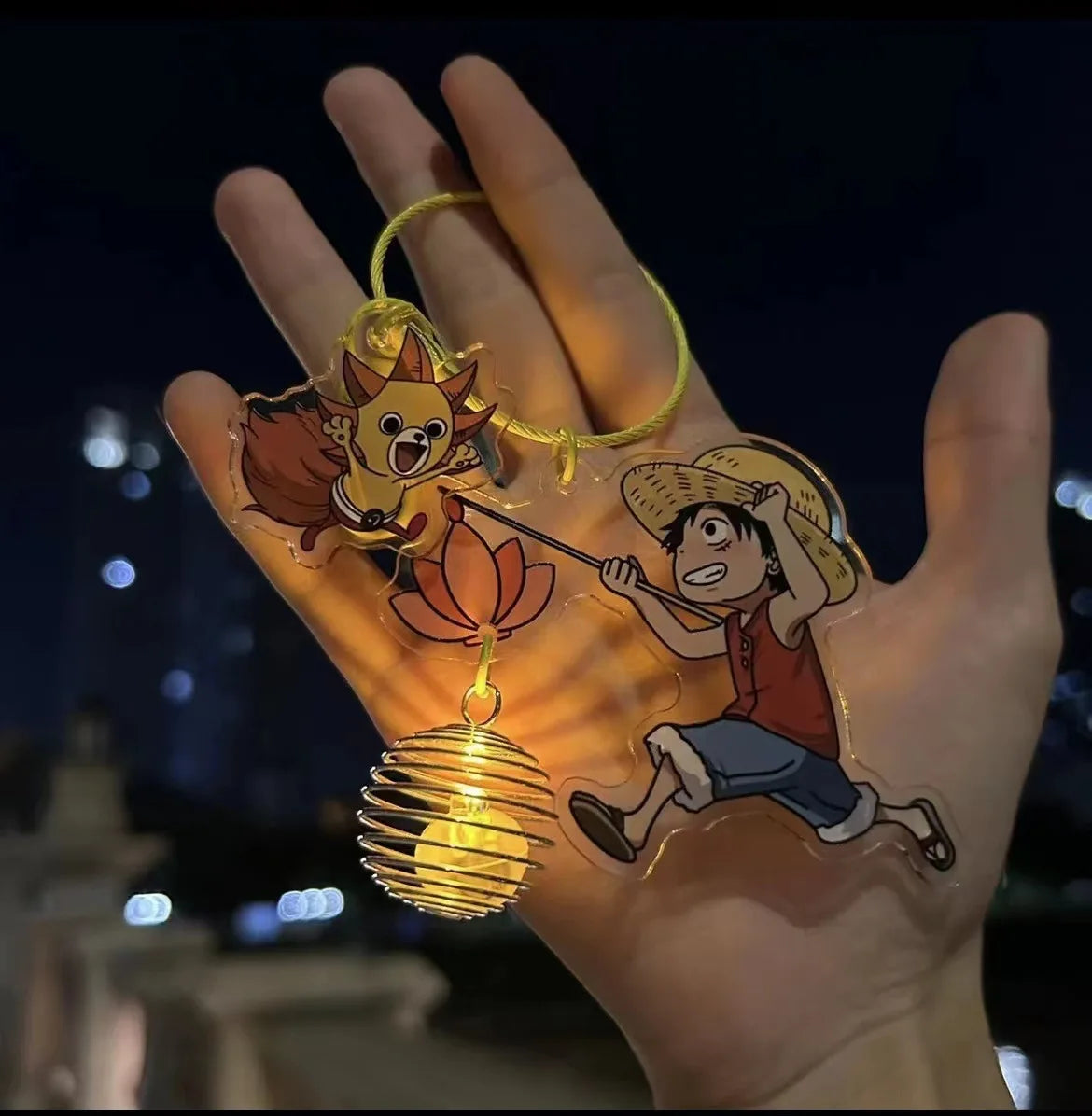 Anime One Piece Monkey D. Luffy Lotus Lantern Keychain Acrylic Luminous Nightlight Pendant Lotus Lantern Gift