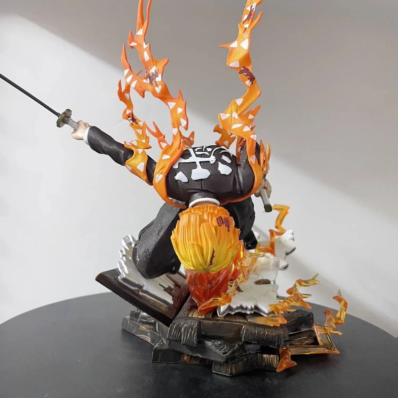 28cm Anime Demon Slayer Agatsuma Zenitsu Fire Thunder God Action Figure PVC Statue With Effect Base Collectible Model Toy Gift