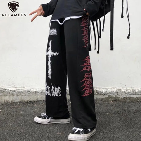 Aolamegs Gothic Pants Men Japanese Casual Sweatpants Graffiti Anime Punk Hippie Wide Leg Trouser Harajuku High Street Streetwear