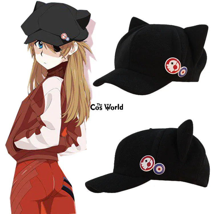 EVA Shikinami Asuka Rangure Cat Ear Polar Fleece Hat Peak Baseball Cap Anime Cosplay Accessories