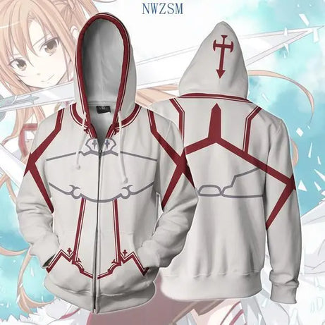 SAO Sword Art Online Kirito Asuna Cosplay Costume Zip Up 3D Hoodies Long Sleeve