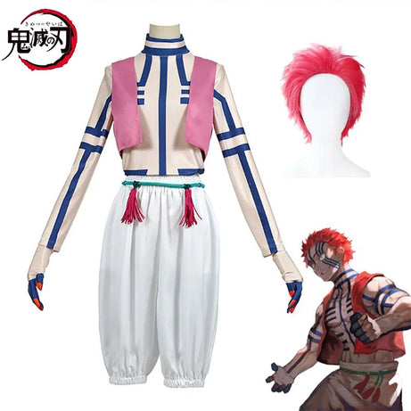 Anime Demon Slayer Akaza Cosplay Costume Full Set - Wig, Uniform, Top, Pants, Vest