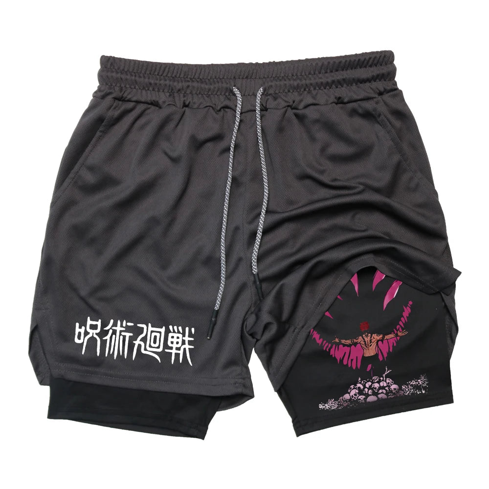 Anime Gym Shorts 2 In 1 Double Layer Men Workout Sports Jogging Sportwear Training Sport Shorts Male Summer Performance Shorts