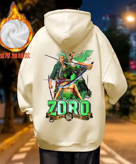 One Piece Roronoa Zoro Autumn and Winter Hooded Sweatshirt Thin with Thick Fleece for Couples Loose Fit Jacket