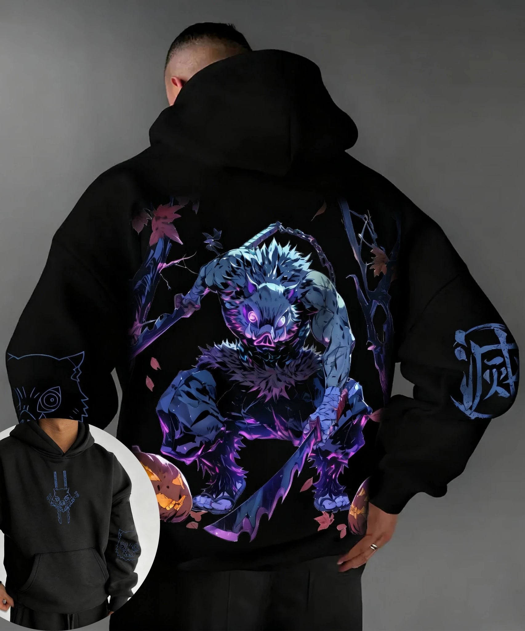 Demon Slayer Halloween Co Branded Hoodie Autumn/Winter Men's New Hashibira Inosuke Anime Printed Casual Loose Parent Child Top