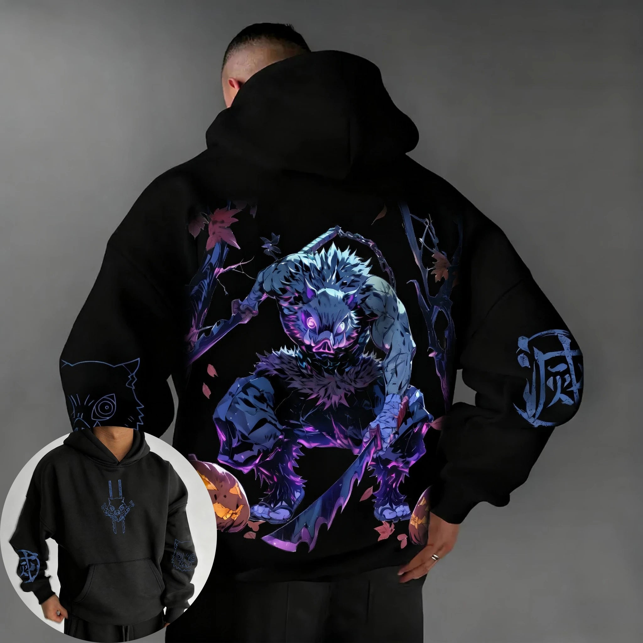 Demon Slayer Halloween Co Branded Hoodie Autumn/Winter Men's New Hashibira Inosuke Anime Printed Casual Loose Parent Child Top