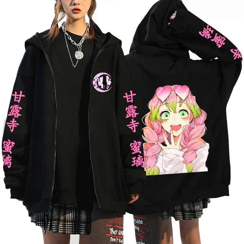 Demon Slayer Mitsuri Kanroji Graphic Zip-Up Hoodie Harajuku Anime Streetwear 3