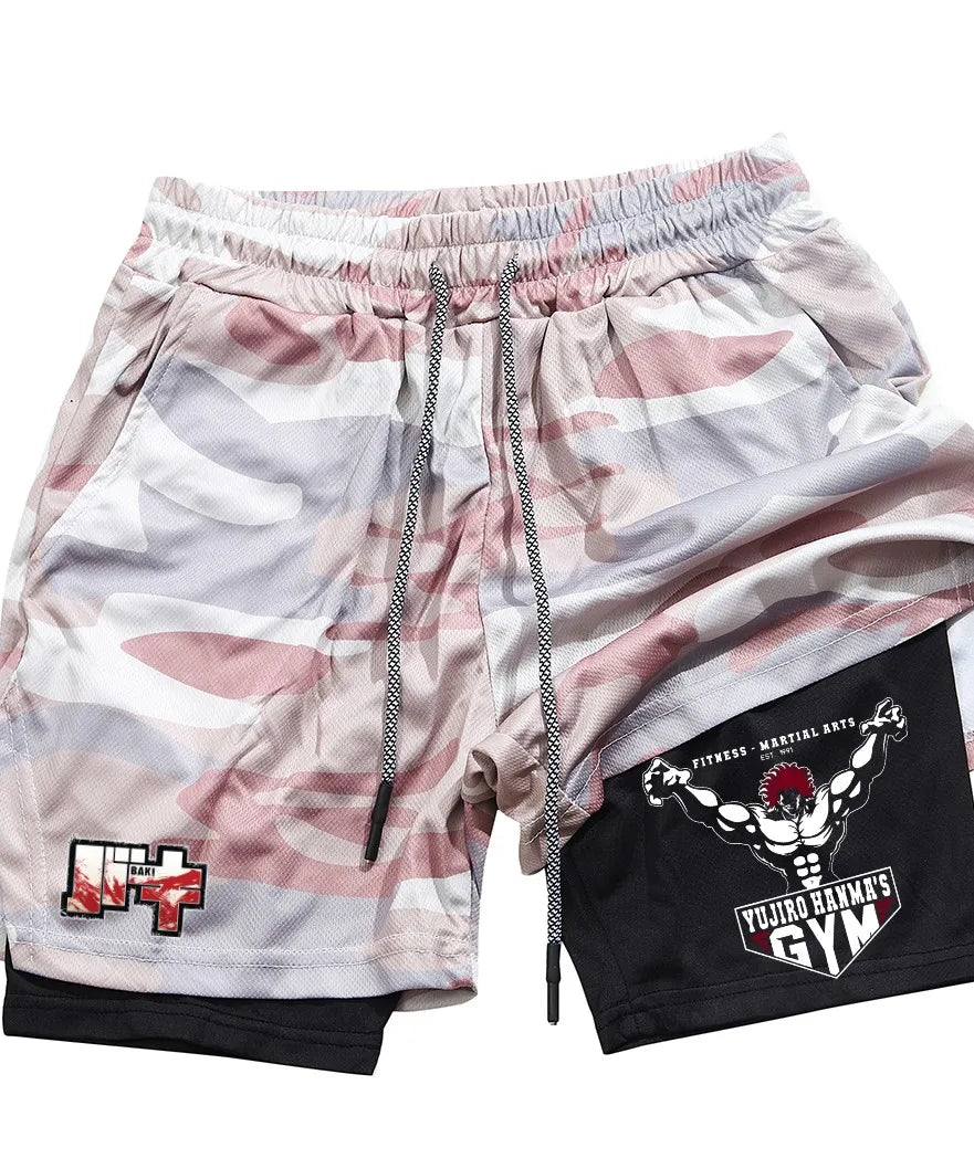 Men's and women's gym shorts, quick drying mesh shorts, animated printed Baki Hanma, sleeves, 2-in-1