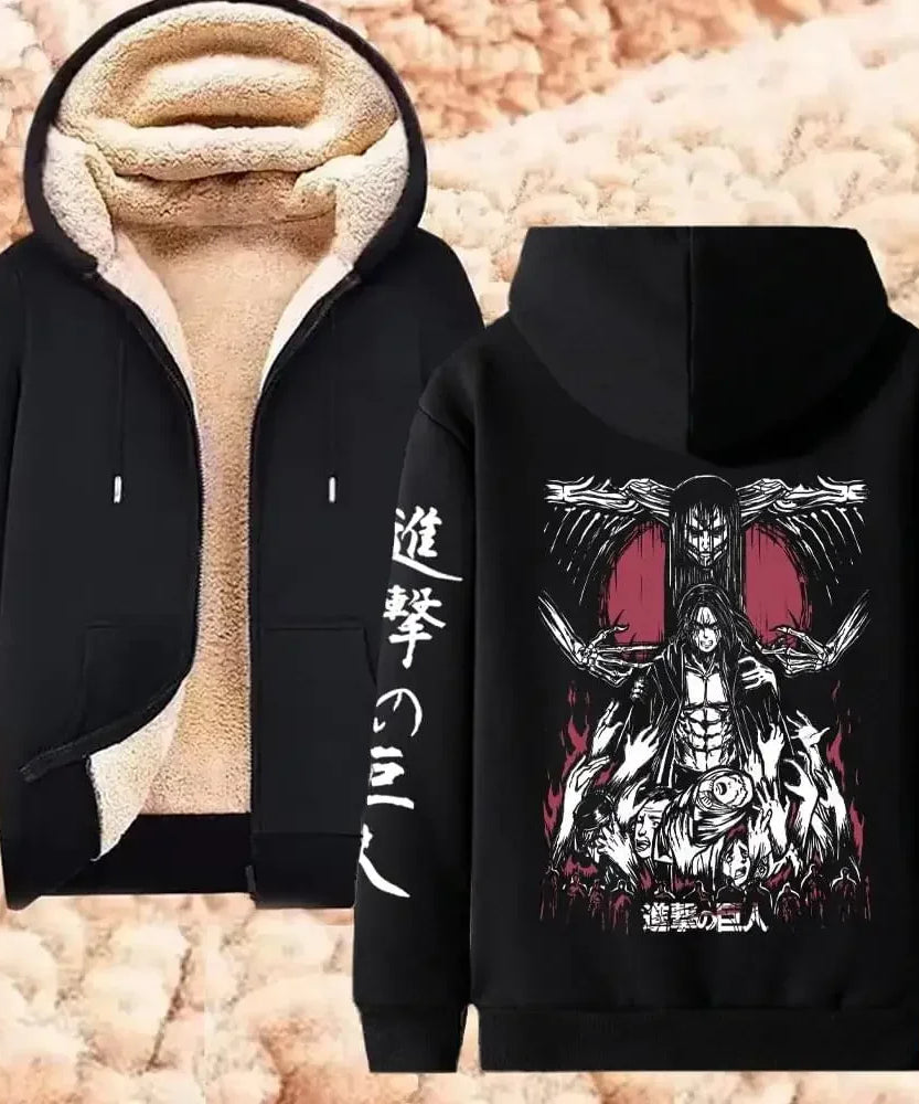 Attack on Titan Winter Warm Zipper Jacket Anime Print Hoodies Men Women Thicken Zip Up Sweatshirts Harajuku Hip Hop Streetwear
