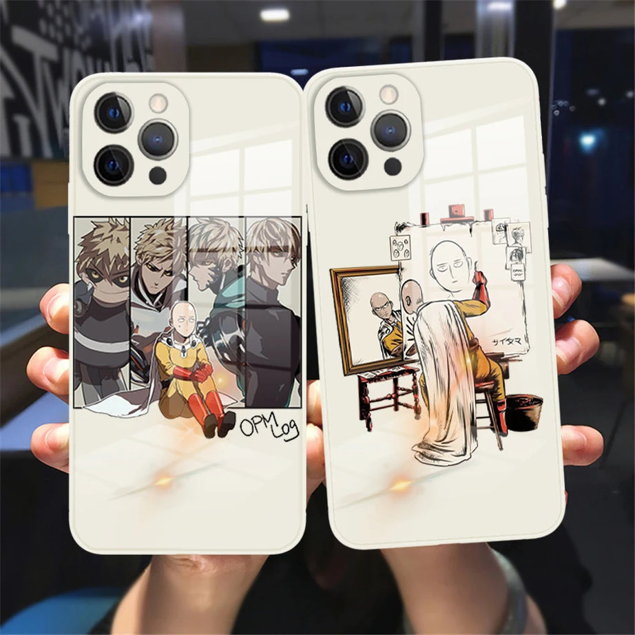 Anime ONE PUNCH-MAN Case for iphone 11 12 13 14 Pro Max 12Mini 7 8 Plus SE 2020 X XR XS MAX Saitama White Tempered Glass Case