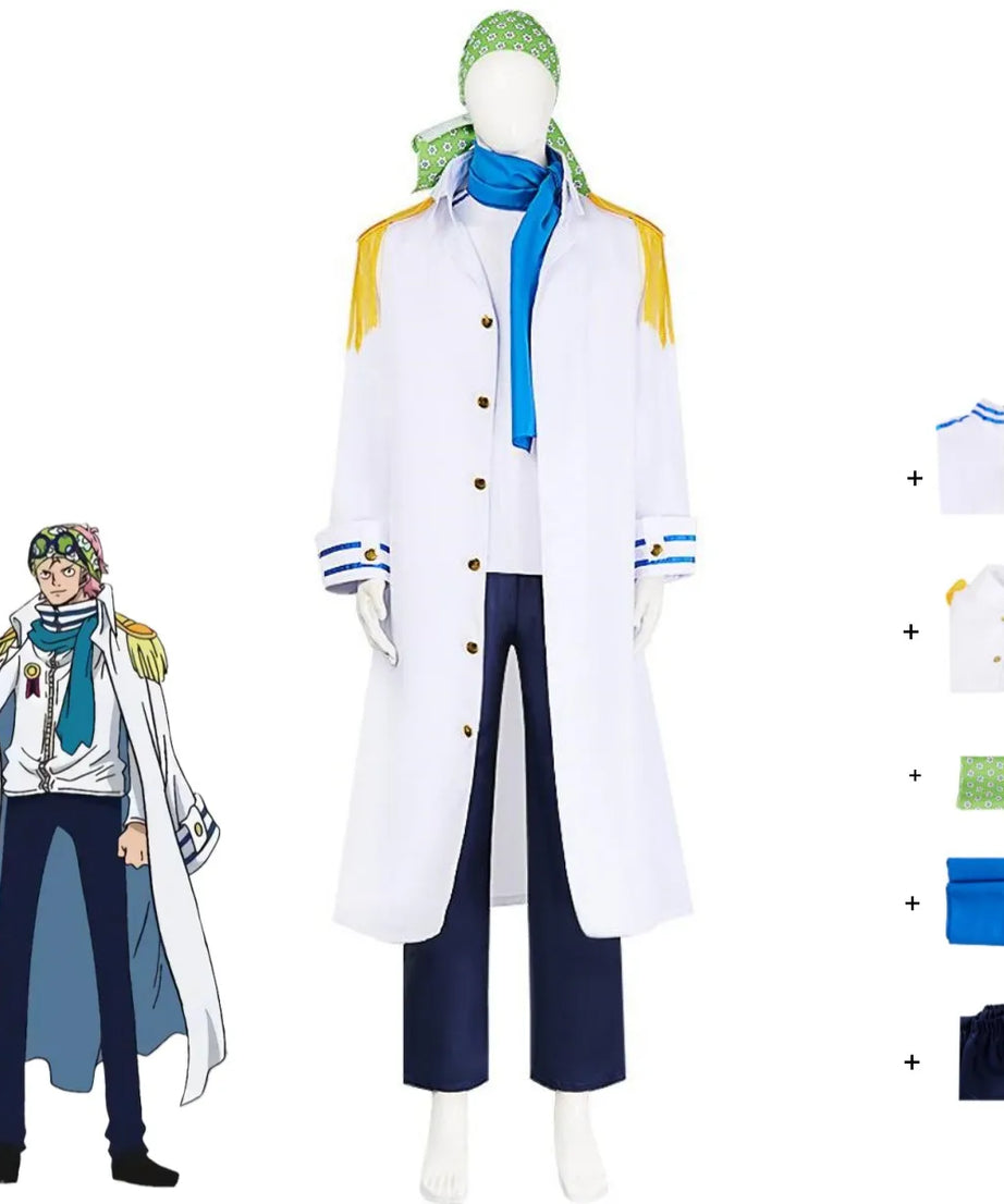 Anime Coby Cosplay Costume Marine Sword Member Military Uniform White Long Cloak Coat Scarf Adult Man Halloween Carnival Suit