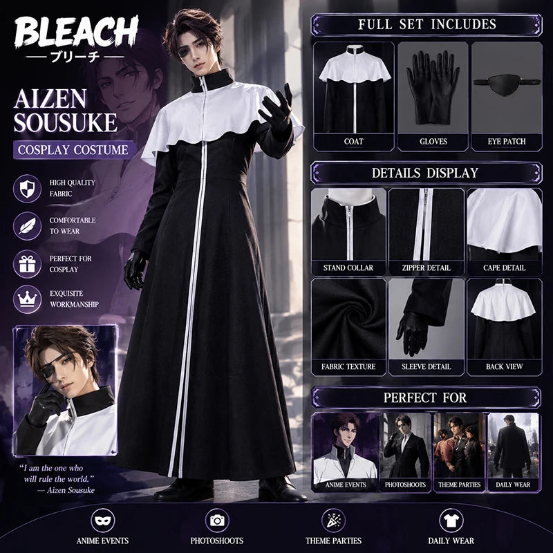 Bleach: Thousand-Year Blood War Aizen Sousuke Cosplay Costume – Black Robe & Blindfold Suit