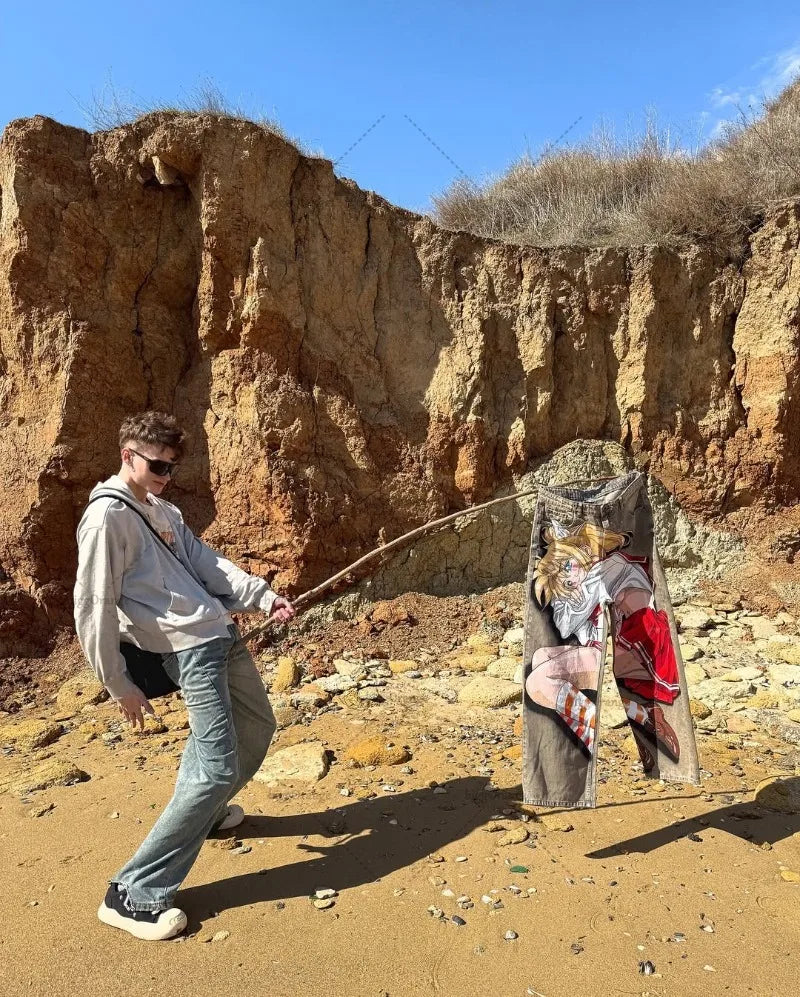 Harajuku Hip-hop Streetwear Trousers Women Y2K Retro Animation Print Baggy Jeans Men Goth High Street Loose Wide-leg Pants