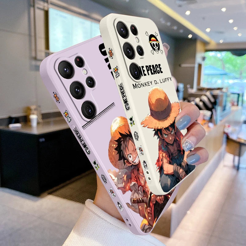 Comics One Piece Luffy For Samsung Galaxy S25 S24 S23 S22 S21 S20 Plus Ultra FE 5G Liquid Left Rope Cover Phone Case