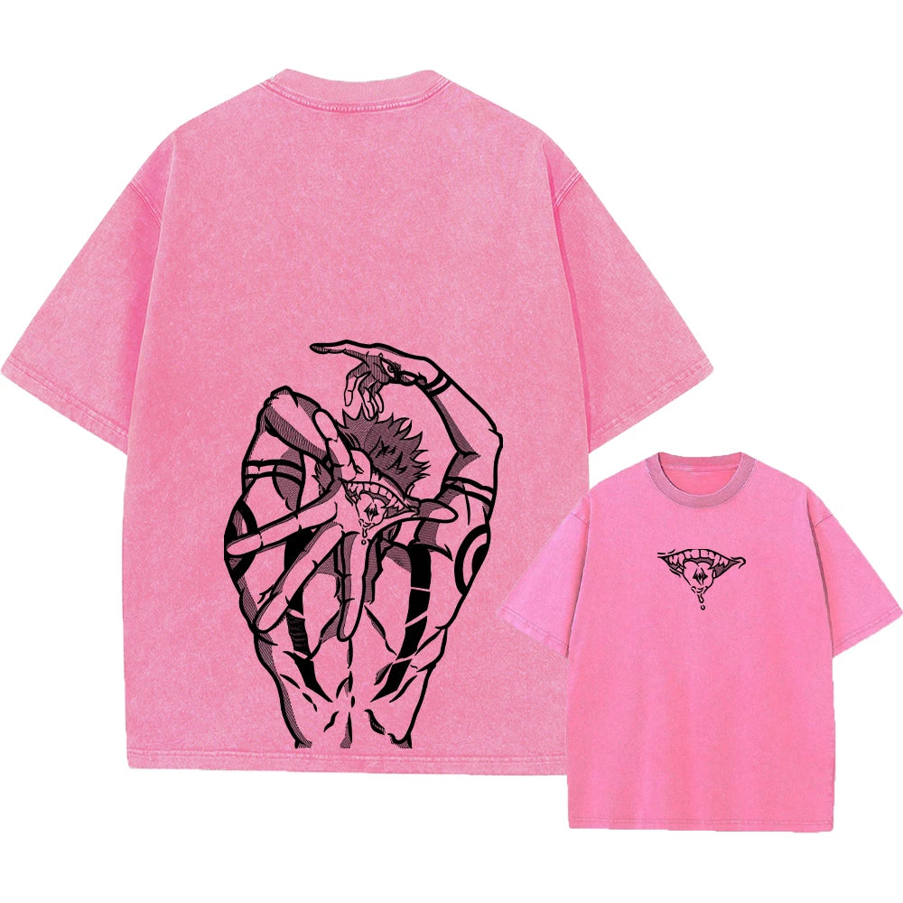 Summer Washed T Shirt Anime Graphic Print Streetwear Vintage Oversized T-Shirt Men Fashion Cotton Top Tee Black Tshirt