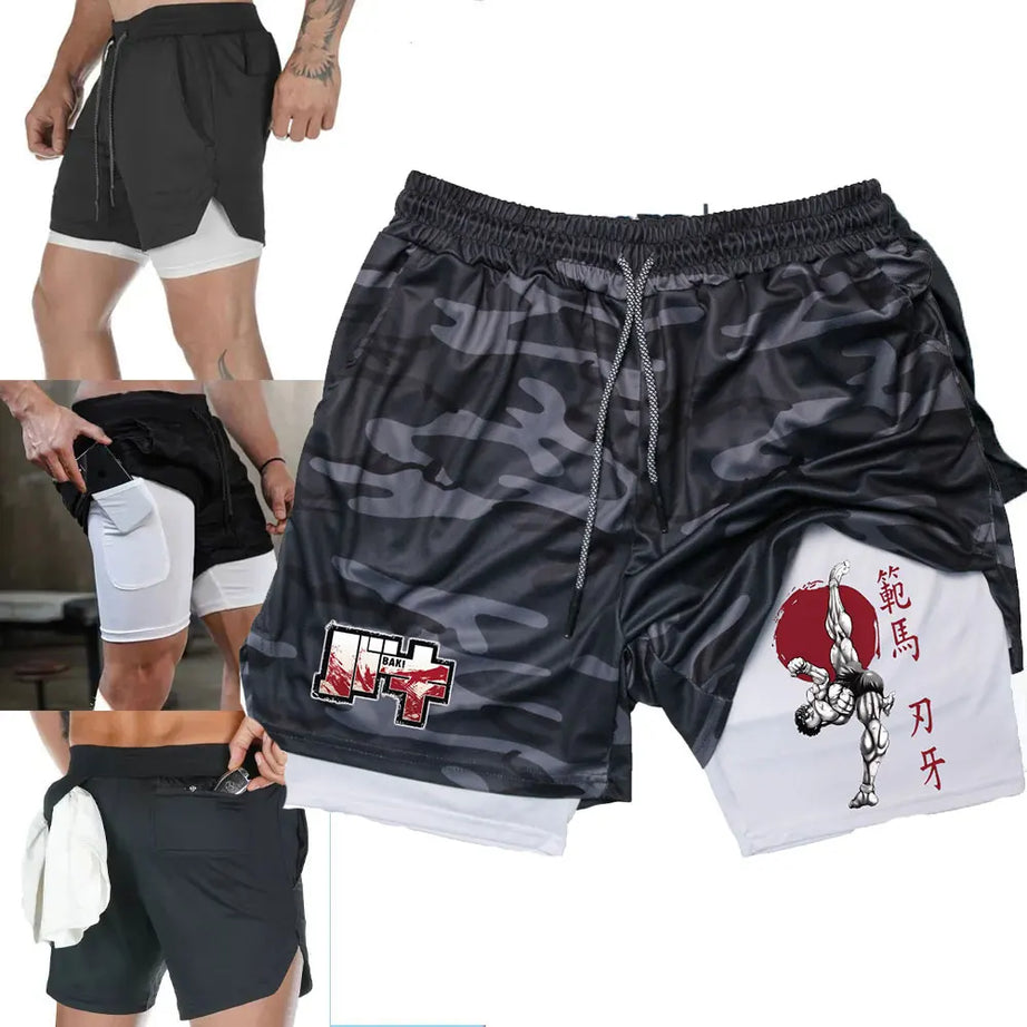 Anime Baki Hanma Men GYM Shorts 2 In 1 Double-deck Quick Dry Sport Shorts Fitness Jogging Workout Men Sports Short Pants