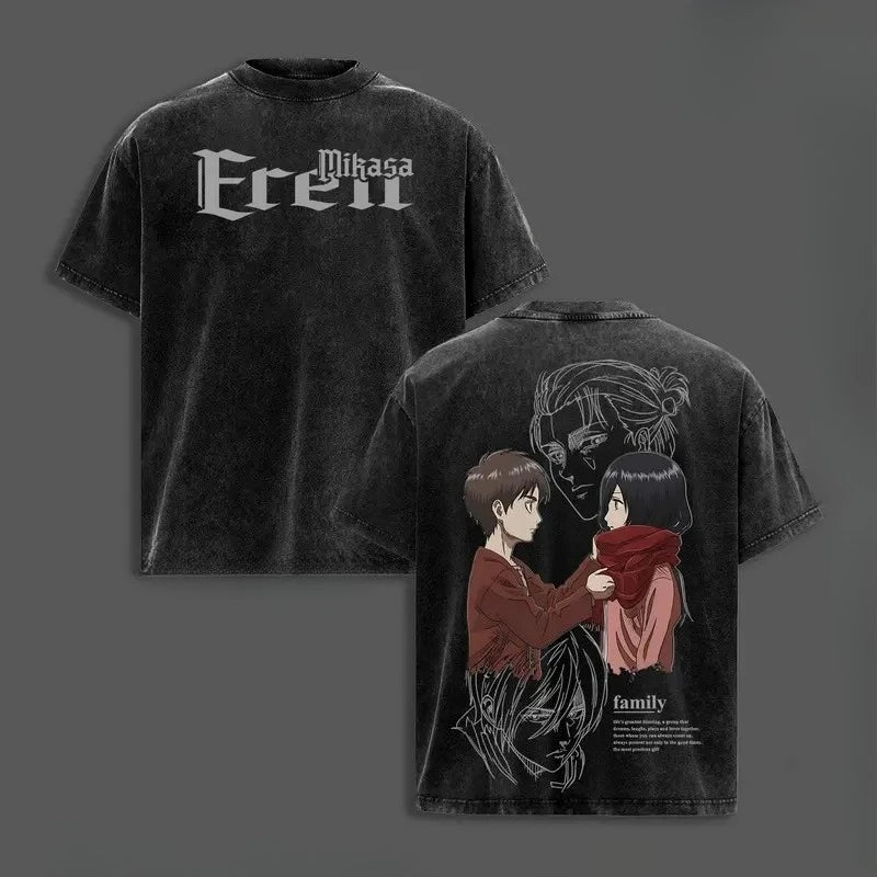 Attack on Titan Eren Jaeger & Mikasa Print Retro Washed T-Shirt – Harajuku Cotton Tee 5
