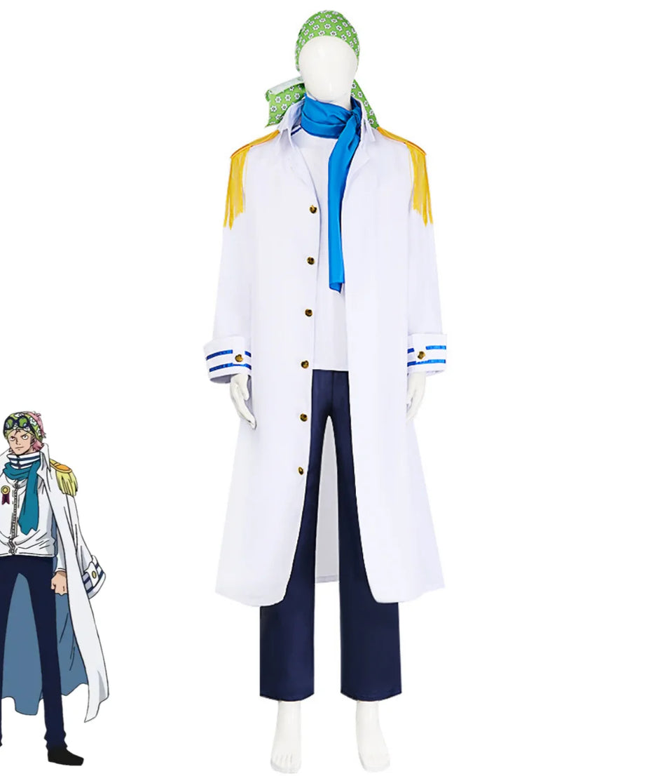 Anime Coby Cosplay Costume Marine Sword Member Military Uniform White Long Cloak Coat Scarf Adult Man Halloween Carnival Suit