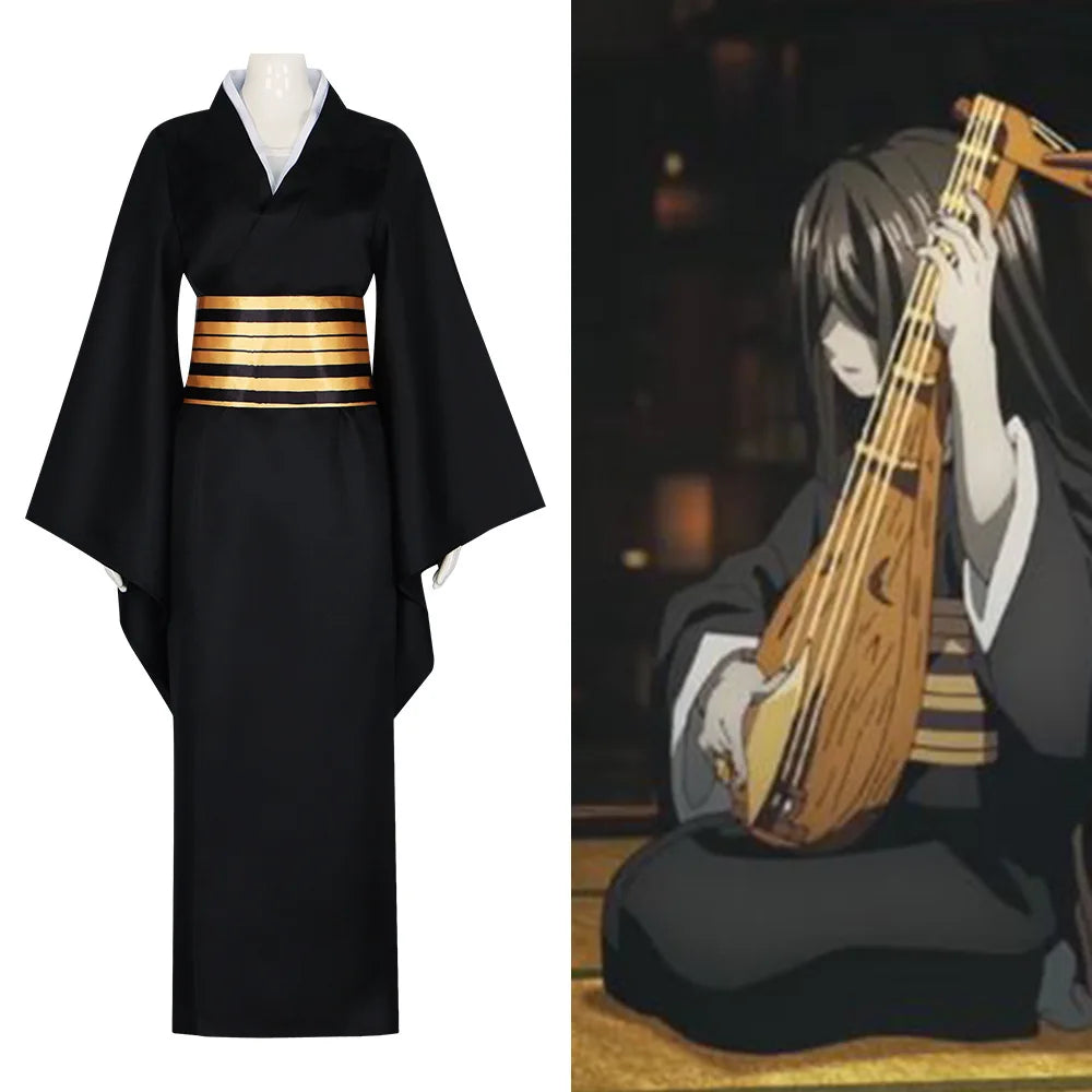 Anime Demon Slayer Nakime Cosplay Costume – Black Kimono & Wig Set 3