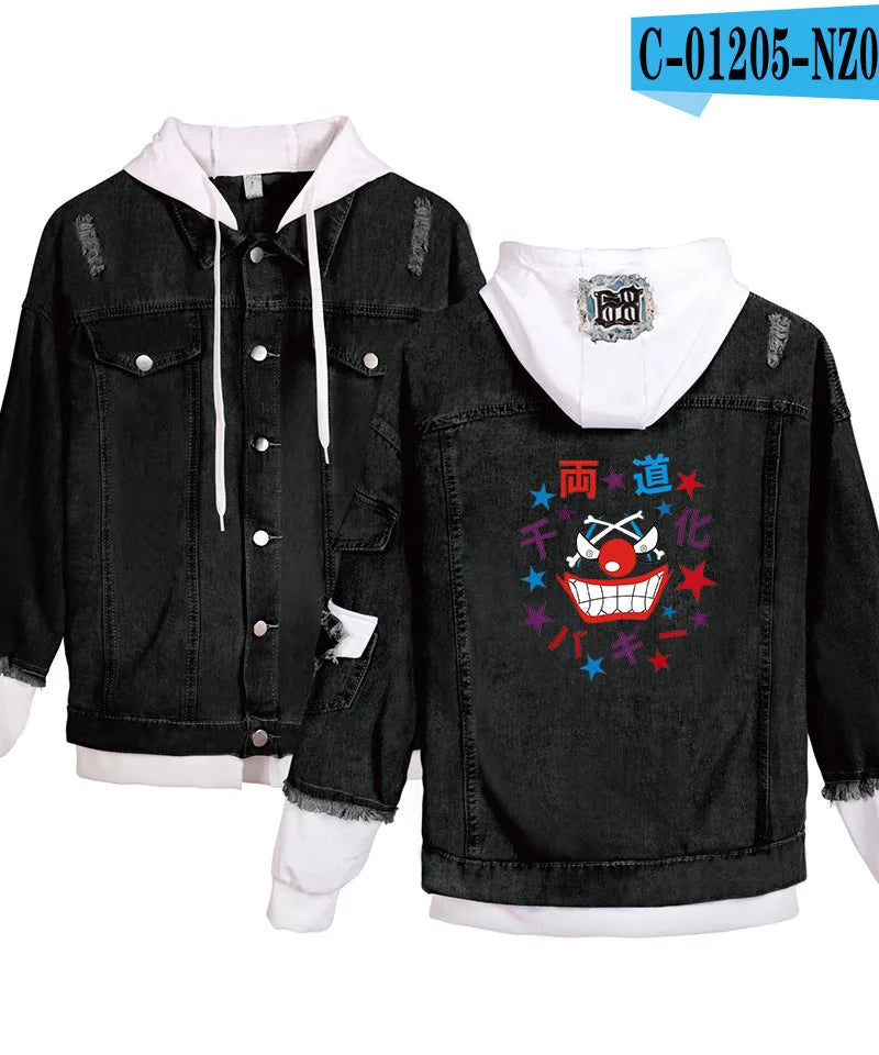 ONE PIECE Anime Chooper Denim Bomber Jacket Hooded Sweatshirt Unisex Ripped Hole Cosplay Hoodie Long-Sleeved Denim Jacket Gift