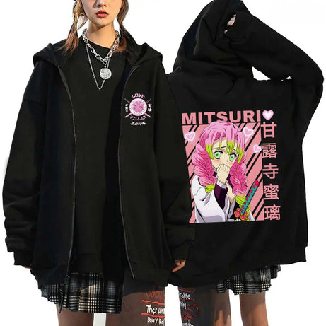 Demon Slayer Kanroji Mitsuri Zipper Hoodie - Casual Anime Sweatshirt