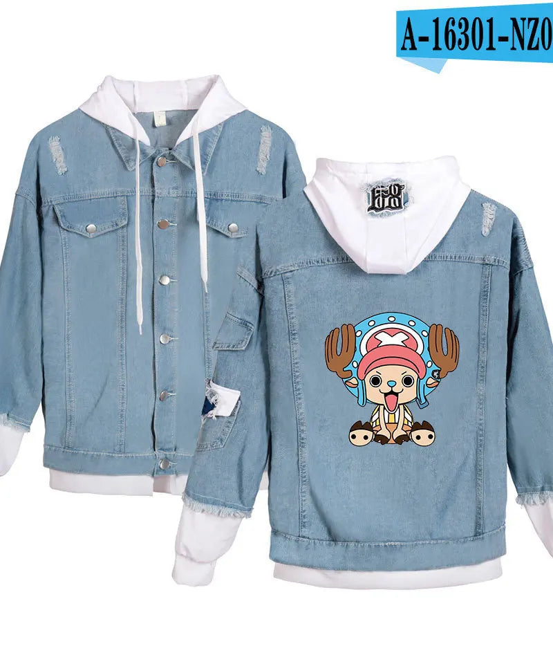 ONE PIECE Anime Chooper Denim Bomber Jacket Hooded Sweatshirt Unisex Ripped Hole Cosplay Hoodie Long-Sleeved Denim Jacket Gift