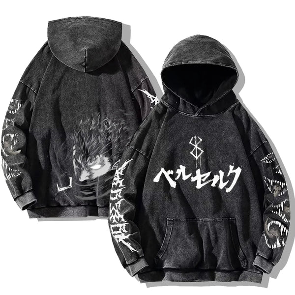 Gothic Vintage-Washed Hoodie — Teeth Print Pullover