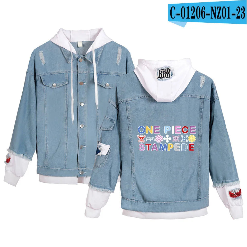 ONE PIECE Anime Chooper Denim Bomber Jacket Hooded Sweatshirt Unisex Ripped Hole Cosplay Hoodie Long-Sleeved Denim Jacket Gift