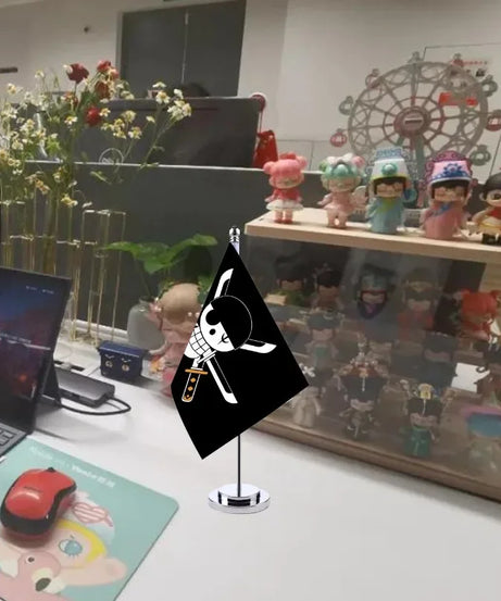 Hot Anime One Piece Desk Flag for Home Decor Office Table Stand Holder Banner Cartoon Luffy Straw Hat Pirate Skull Flag Toy Gift