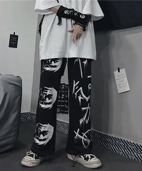 Black Harajuku printed anime sweatpants male streetwear wide leg oversize pants loose casual sport straight trousers men