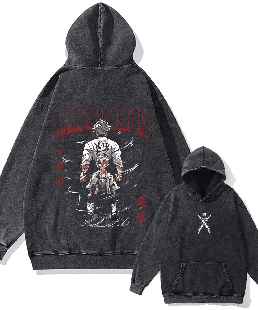 Demon Slayer Vintage Washed Hoodie – 100% Cotton Anime Streetwear