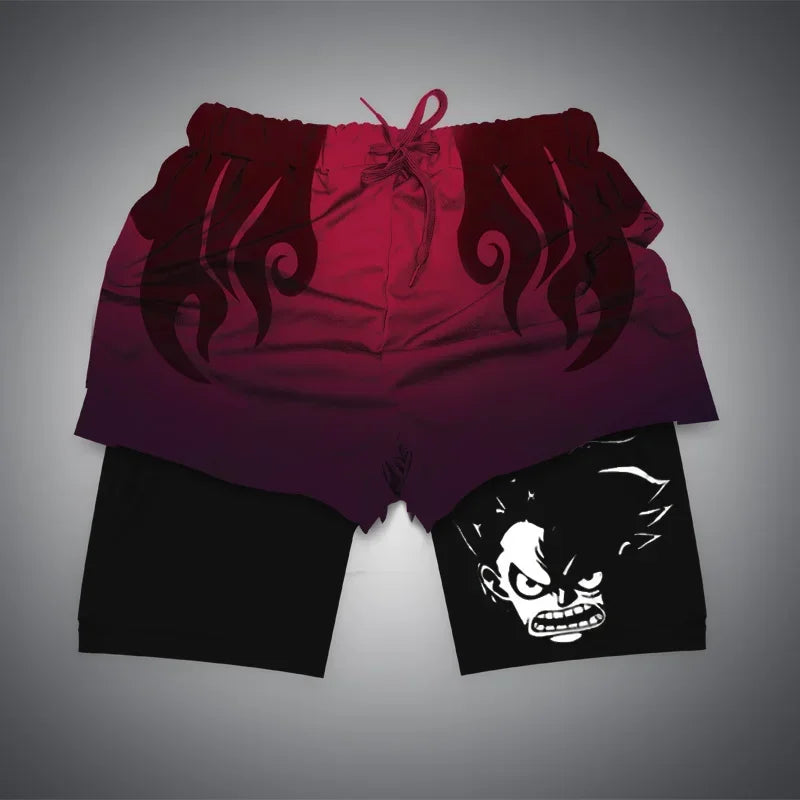One Piece x Naruto x Dragon Ball 2-in-1 Men’s Gym Shorts – Quick-Dry & Breathable Sportswear