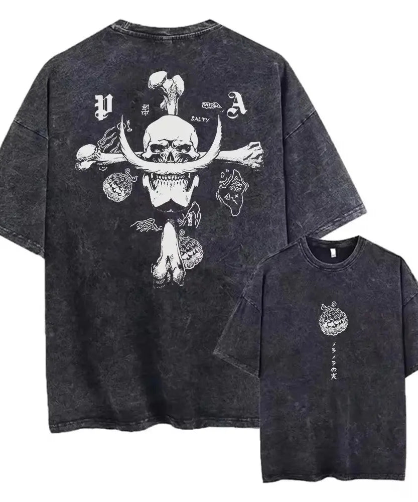 One Piece Skull Short Sleeve Tee Anime Washed Vintage Graphic T-Shirt Man Women Casual Tops Summer Y2k Streetwear