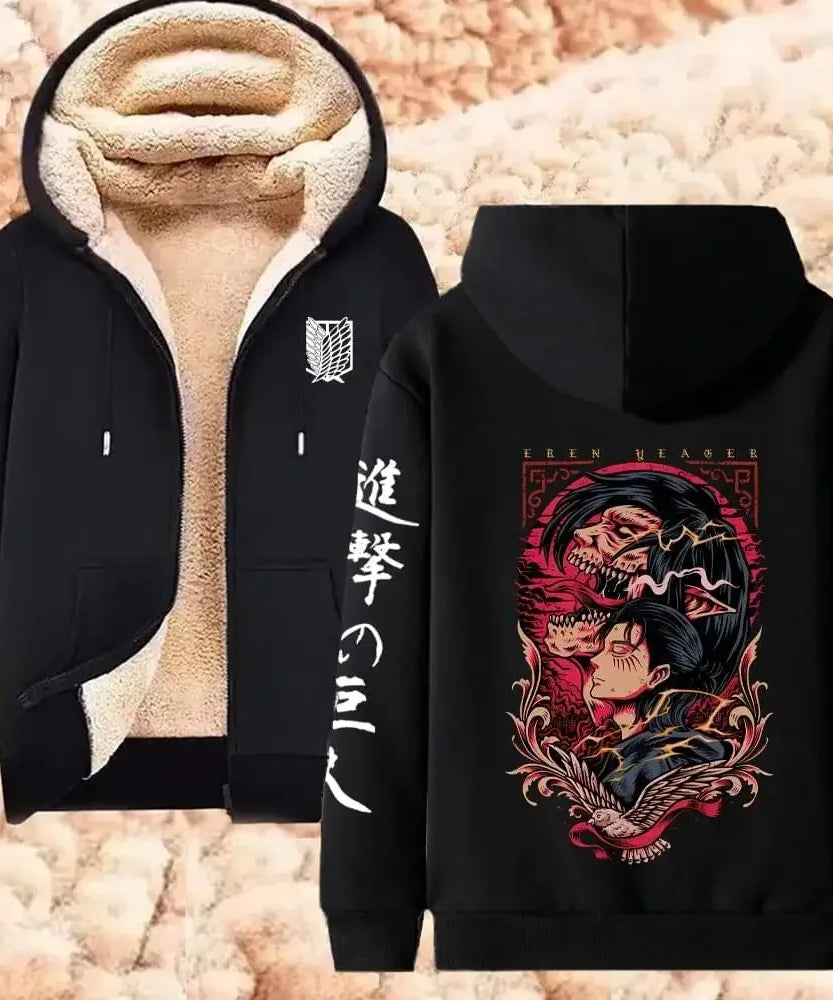 Attack on Titan Winter Warm Zipper Jacket Anime Print Hoodies Men Women Thicken Zip Up Sweatshirts Harajuku Hip Hop Streetwear