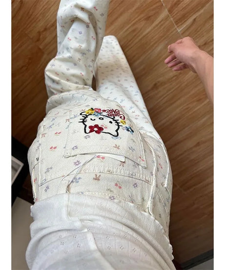 Simple Floral Sanrio Hello Kitty Embroidered Jeans Women's Summer 2025 New Large Size Loose High Waist Straight Trousers Gift