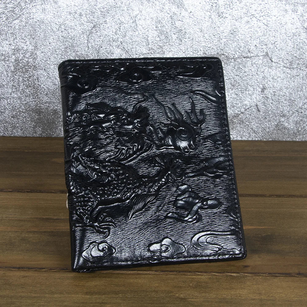 High Quality Genuine Leather Short Wallet 3D Dragon Style Card Wallet Vintage Bifold Small Purse for Man Male Gift Purses