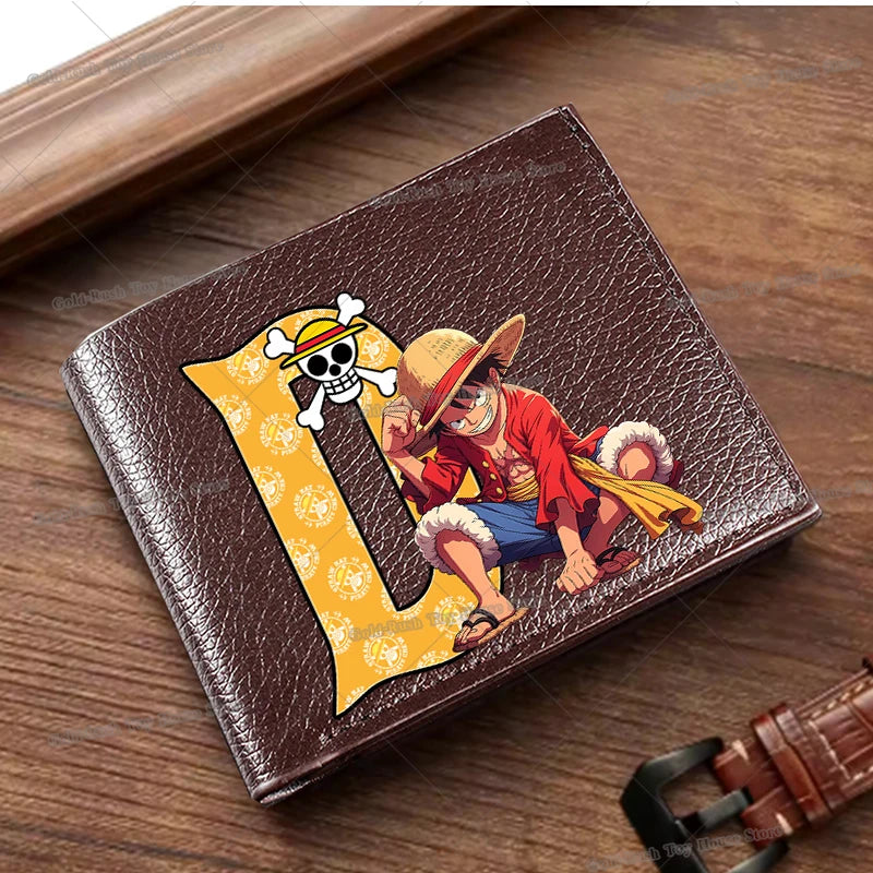 Anime Luffy Men Pu Wallet One Piece Letter A-Z Foldable Short Wallet Man Portable Credit ID Card Holder Male Pocket Coin Purse