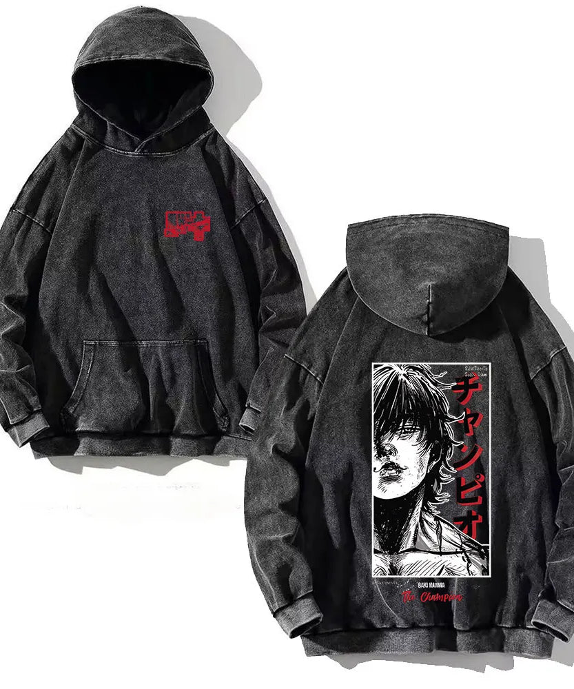 Anime Baki Hanma Print Cotton Washed Hoodies Men Hip Hop Graphic Vintage Hooded Sweatshirts Aesthetic Streetwear Pullover