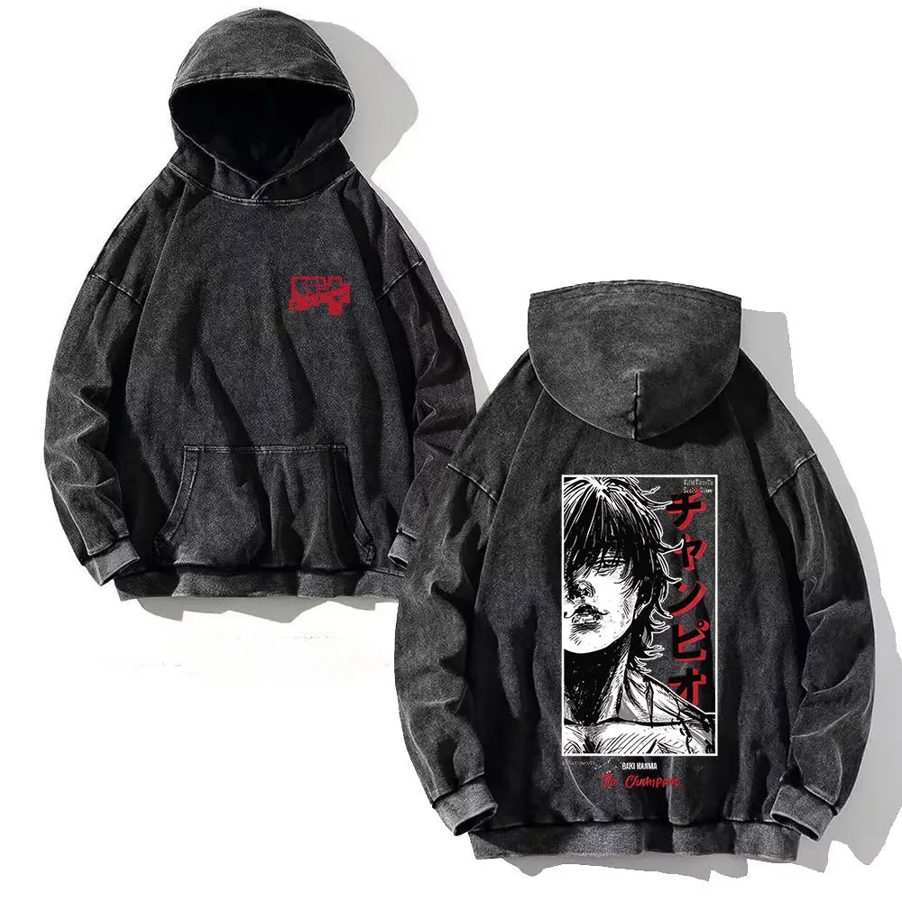 Anime Baki Hanma Print Cotton Washed Hoodies Men Hip Hop Graphic Vintage Hooded Sweatshirts Aesthetic Streetwear Pullover