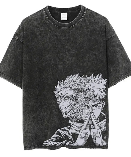 Summer Washed T Shirt Anime Graphic Print Streetwear Vintage Oversized T-Shirt Men Fashion Cotton Top Tee Black Tshirt