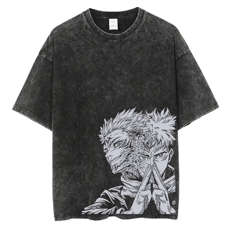 Summer Washed T Shirt Anime Graphic Print Streetwear Vintage Oversized T-Shirt Men Fashion Cotton Top Tee Black Tshirt