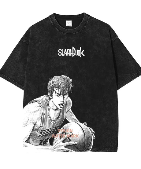 Hanamichi Rukawa Haruko T Shirt Slam Anime Dunk Sendou Vintage Washed Tops Tees Short Sleeve Manga Graphic T-shirt Man Cotton