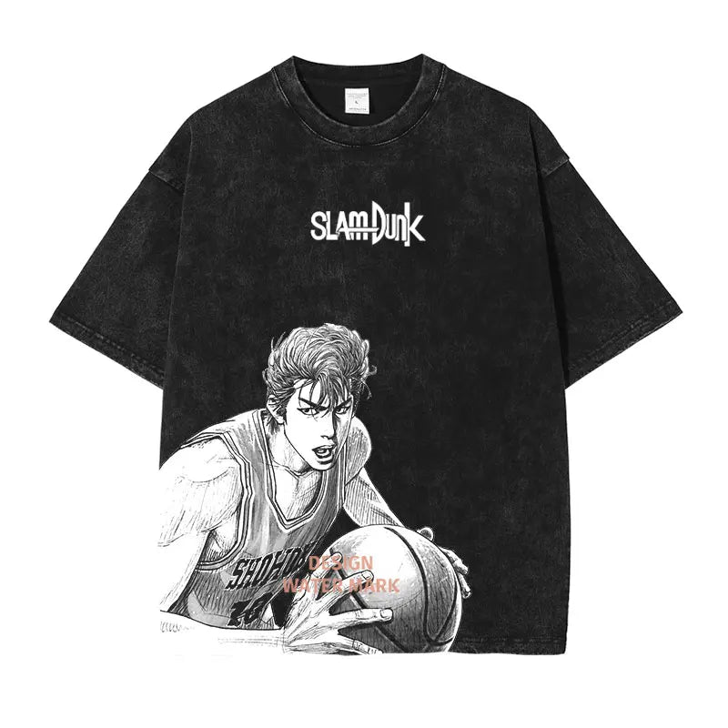 Hanamichi Rukawa Haruko T Shirt Slam Anime Dunk Sendou Vintage Washed Tops Tees Short Sleeve Manga Graphic T-shirt Man Cotton
