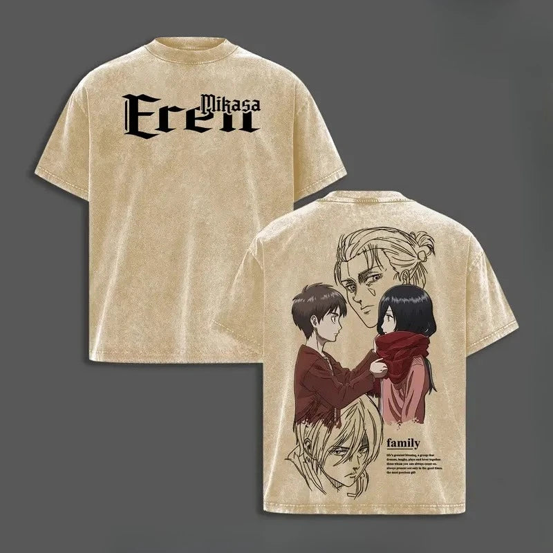 Attack on Titan Eren Jaeger & Mikasa Print Retro Washed T-Shirt – Harajuku Cotton Tee 6