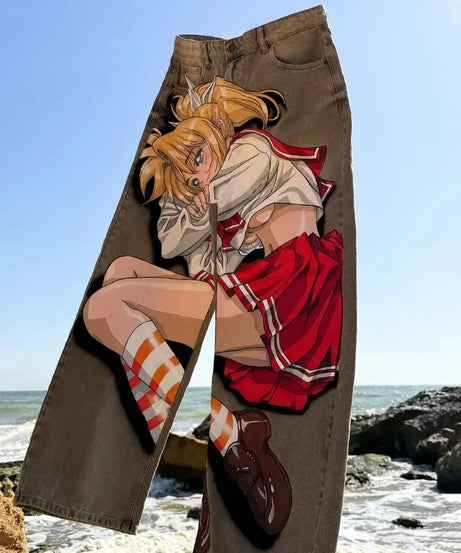 Harajuku Hip-hop Streetwear Trousers Women Y2K Retro Animation Print Baggy Jeans Men Goth High Street Loose Wide-leg Pants