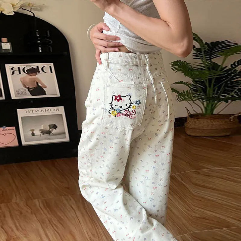 Simple Floral Sanrio Hello Kitty Embroidered Jeans Women's Summer 2025 New Large Size Loose High Waist Straight Trousers Gift
