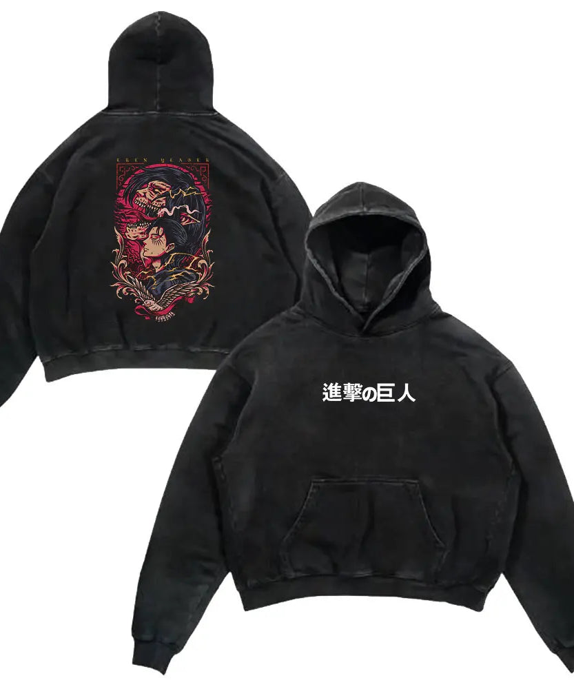 Anime Attack On Titan Retro Washed Hoodies Black Print Vintage 100% Cotton Hooded Sweatshirts Oversize Hip Hop Male Pullover