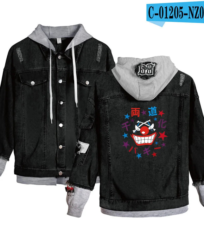 ONE PIECE Anime Chooper Denim Bomber Jacket Hooded Sweatshirt Unisex Ripped Hole Cosplay Hoodie Long-Sleeved Denim Jacket Gift