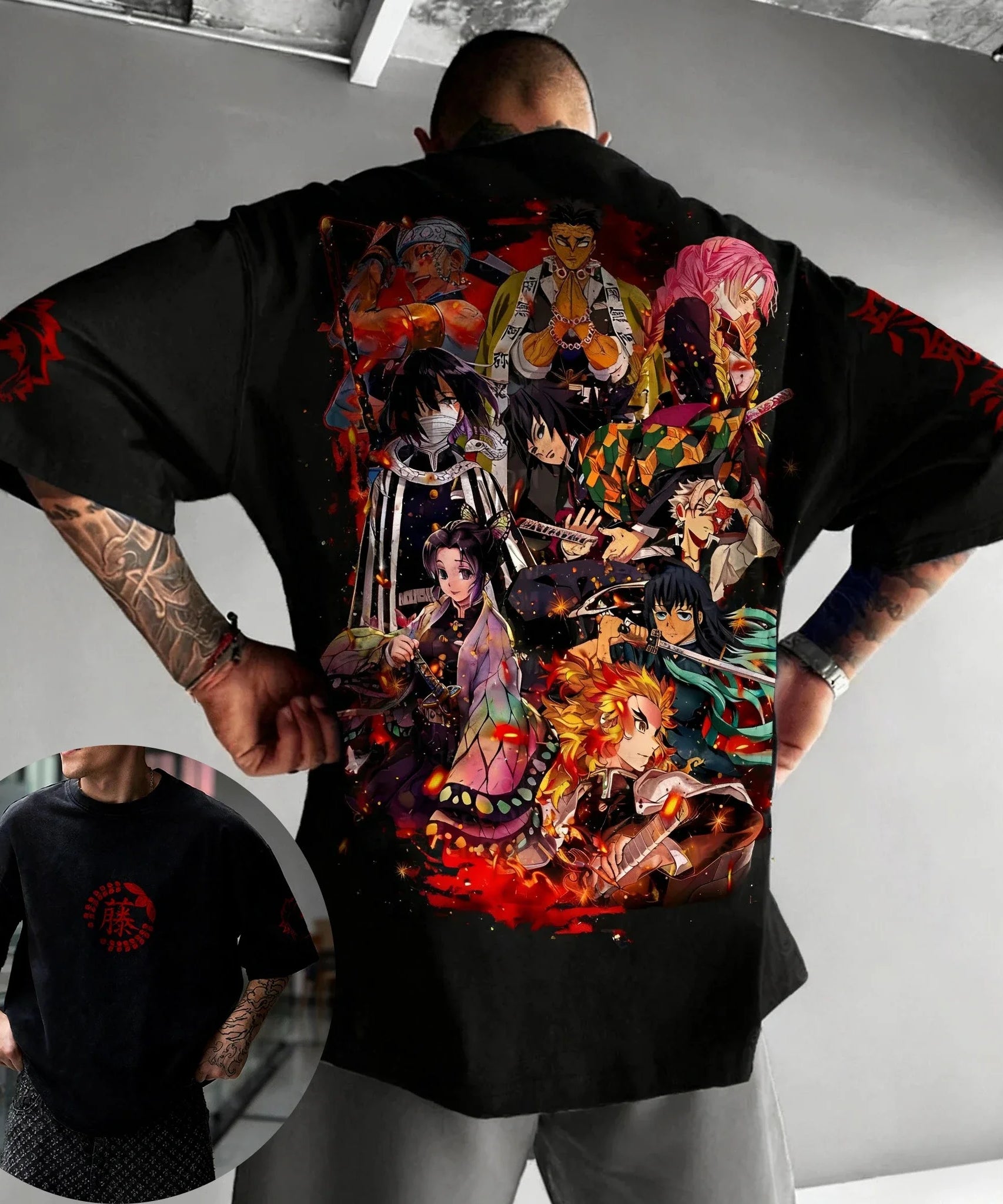 Demon Slayer Corps 9 Hashira Anime Printed T-shirt Men's Summer New Harajuku Large Size Trendy Casual Loose Parent Child Top